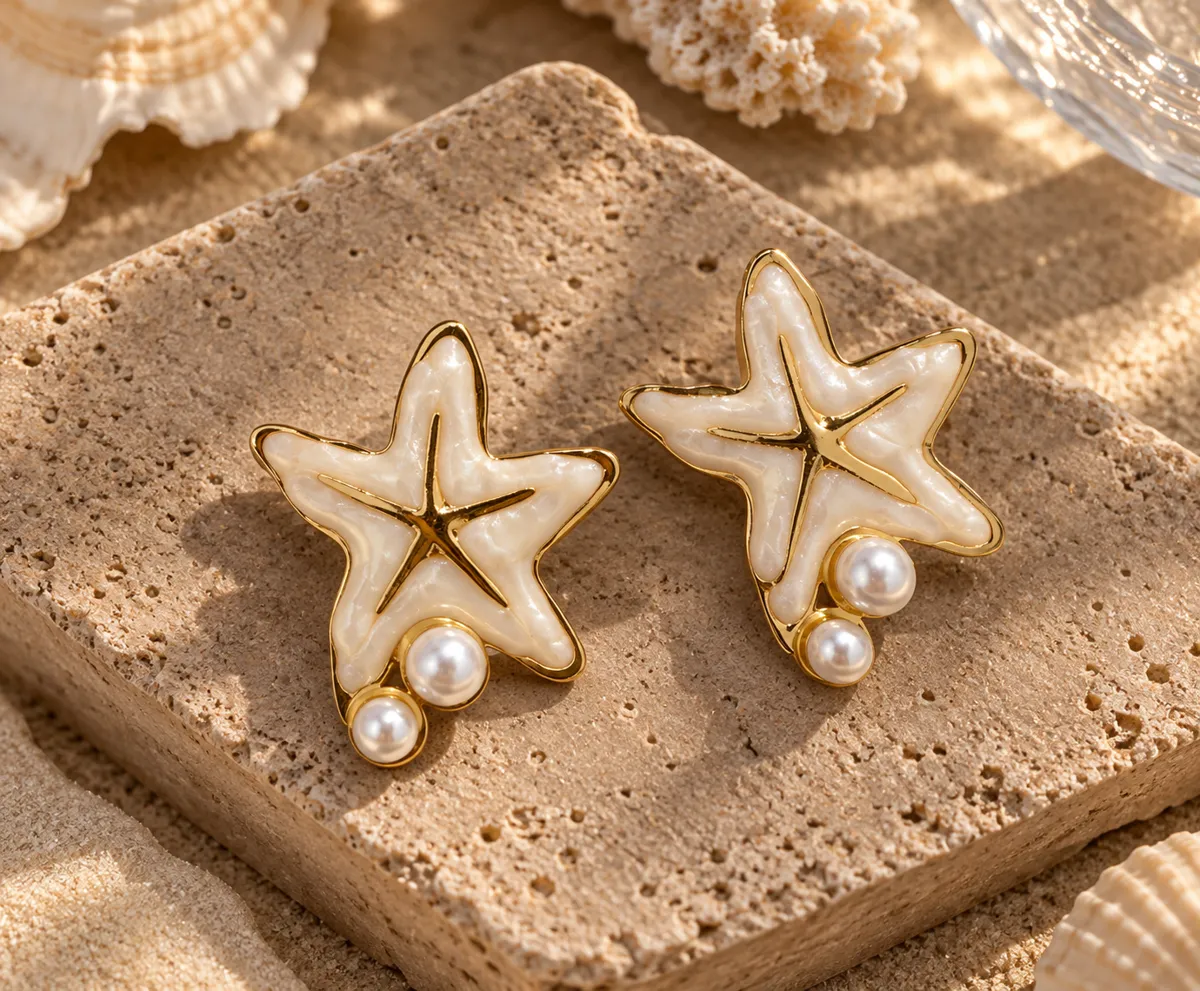 Ivory Tide Starfish Stud Earrings – Gold Plated 304 Stainless Steel with Enamel